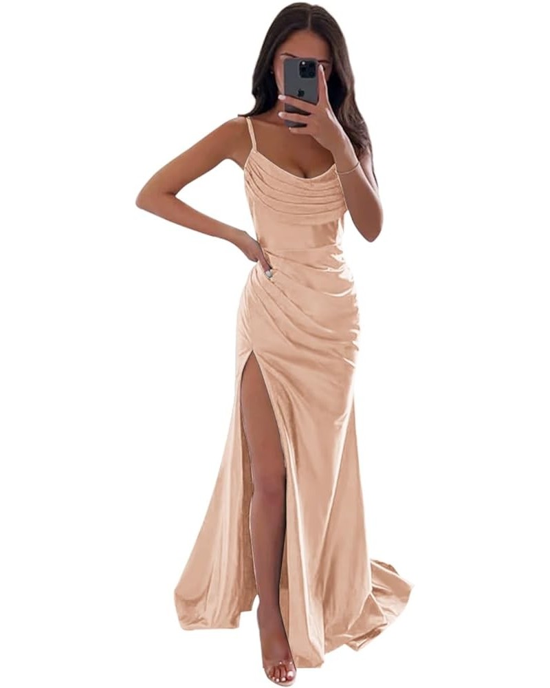 Women's Satin Prom Dress Long with Slit Ruched Mermaid Evening Gowns Formal Dress Peach $38.42 Dresses