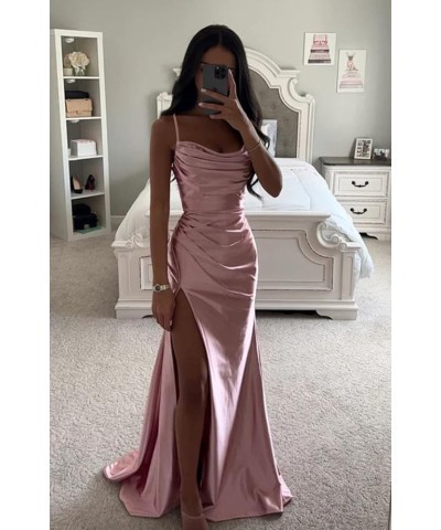 Women's Satin Prom Dress Long with Slit Ruched Mermaid Evening Gowns Formal Dress Peach $38.42 Dresses