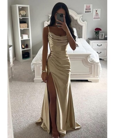 Women's Satin Prom Dress Long with Slit Ruched Mermaid Evening Gowns Formal Dress Peach $38.42 Dresses