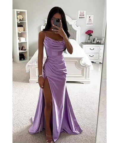 Women's Satin Prom Dress Long with Slit Ruched Mermaid Evening Gowns Formal Dress Peach $38.42 Dresses