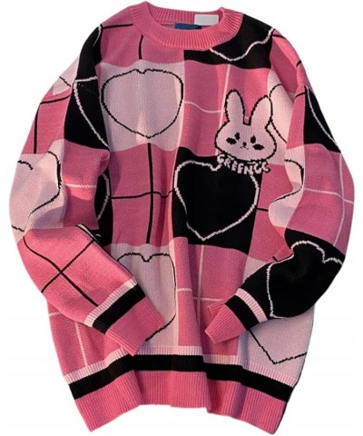 Kawaii Sweaters for Women Teen Girls Cute Bunny Love Hearts Sweater Clothes Rose Pink Plaid Bunny $13.80 Sweaters