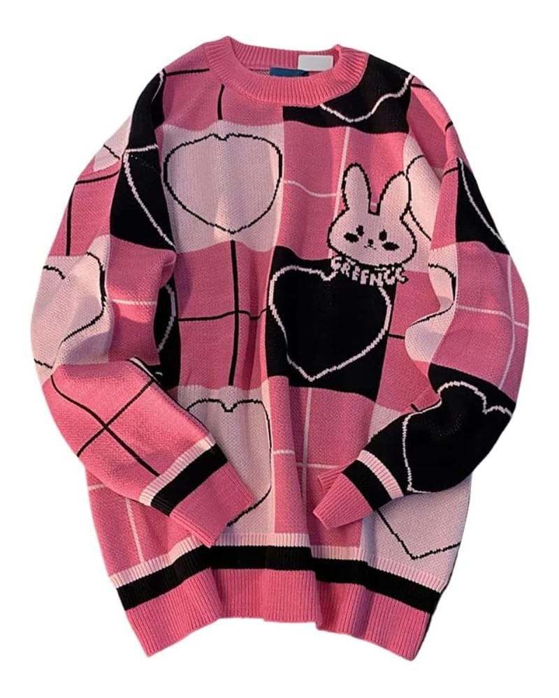 Kawaii Sweaters for Women Teen Girls Cute Bunny Love Hearts Sweater Clothes Rose Pink Plaid Bunny $13.80 Sweaters