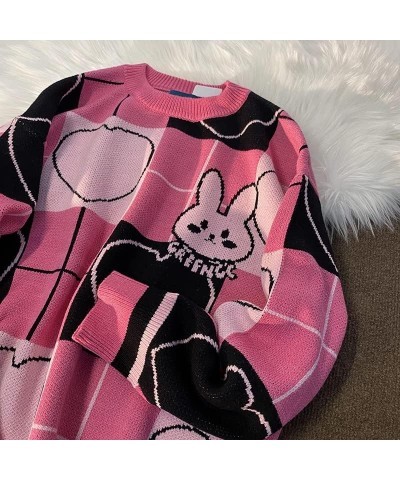 Kawaii Sweaters for Women Teen Girls Cute Bunny Love Hearts Sweater Clothes Rose Pink Plaid Bunny $13.80 Sweaters