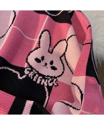 Kawaii Sweaters for Women Teen Girls Cute Bunny Love Hearts Sweater Clothes Rose Pink Plaid Bunny $13.80 Sweaters