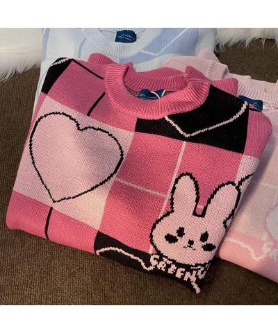 Kawaii Sweaters for Women Teen Girls Cute Bunny Love Hearts Sweater Clothes Rose Pink Plaid Bunny $13.80 Sweaters