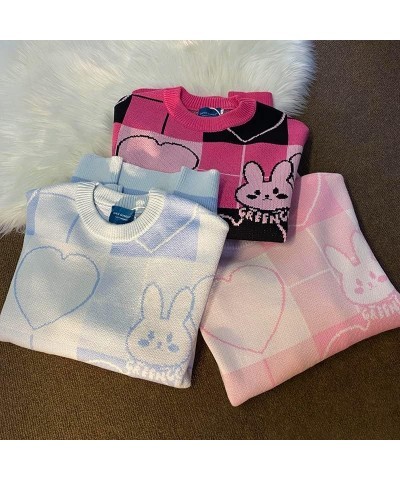 Kawaii Sweaters for Women Teen Girls Cute Bunny Love Hearts Sweater Clothes Rose Pink Plaid Bunny $13.80 Sweaters