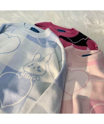 Kawaii Sweaters for Women Teen Girls Cute Bunny Love Hearts Sweater Clothes Rose Pink Plaid Bunny $13.80 Sweaters