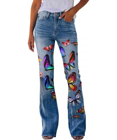 Bell Bottom Jeans for Women 2023 Flared Wide Leg Denim Print Casual Pants Flower Print Faux Denim Jeans Z07-red $9.06 Jeans