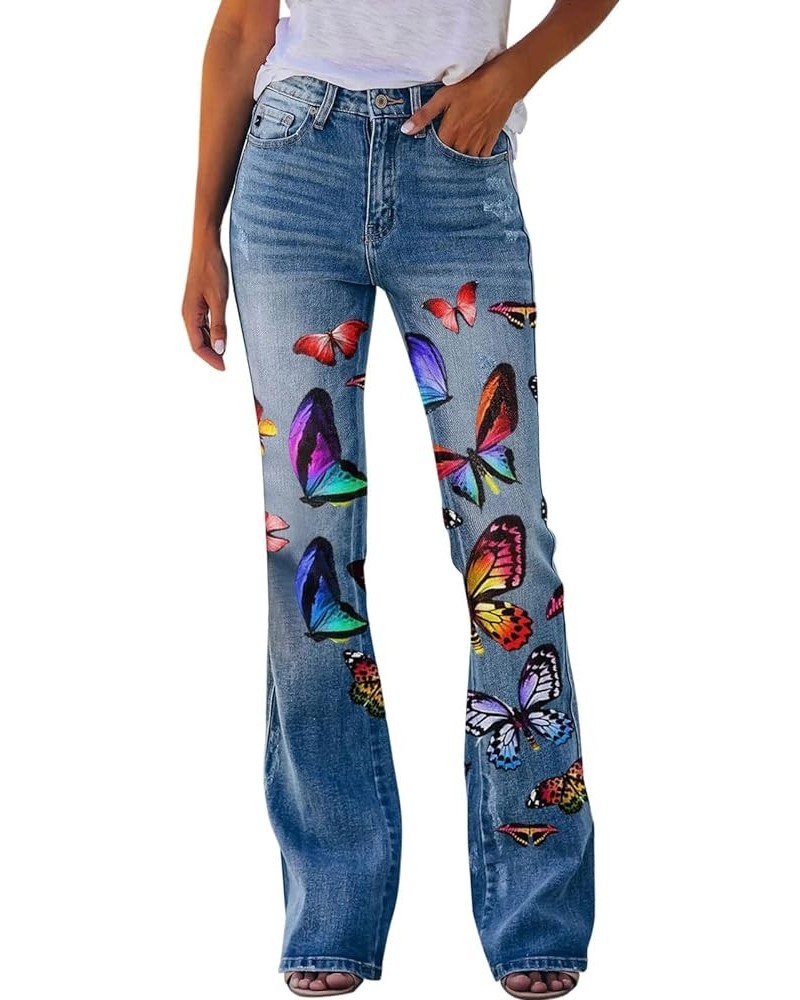 Bell Bottom Jeans for Women 2023 Flared Wide Leg Denim Print Casual Pants Flower Print Faux Denim Jeans Z07-red $9.06 Jeans