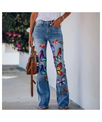 Bell Bottom Jeans for Women 2023 Flared Wide Leg Denim Print Casual Pants Flower Print Faux Denim Jeans Z07-red $9.06 Jeans