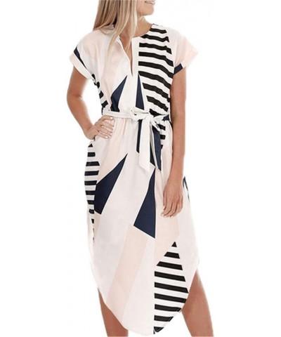 Womens Midi Dresses Summer V-Neck Short Sleeve Casual Office Geometric Belted Dress Apricot $15.92 Dresses