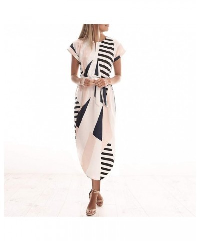 Womens Midi Dresses Summer V-Neck Short Sleeve Casual Office Geometric Belted Dress Apricot $15.92 Dresses