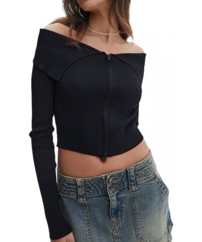 Women Y2k Zip Up Sweater Cardigan Ribbed Knit Slim Fitted Long Sleeve Casual Going Out Tops Streetwear 10-ribbed Black $15.38...