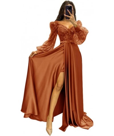 Long Sleeve Sequin Prom Dresses with Slit Satin Formal Evening Party Gowns for Women Rust $33.58 Dresses