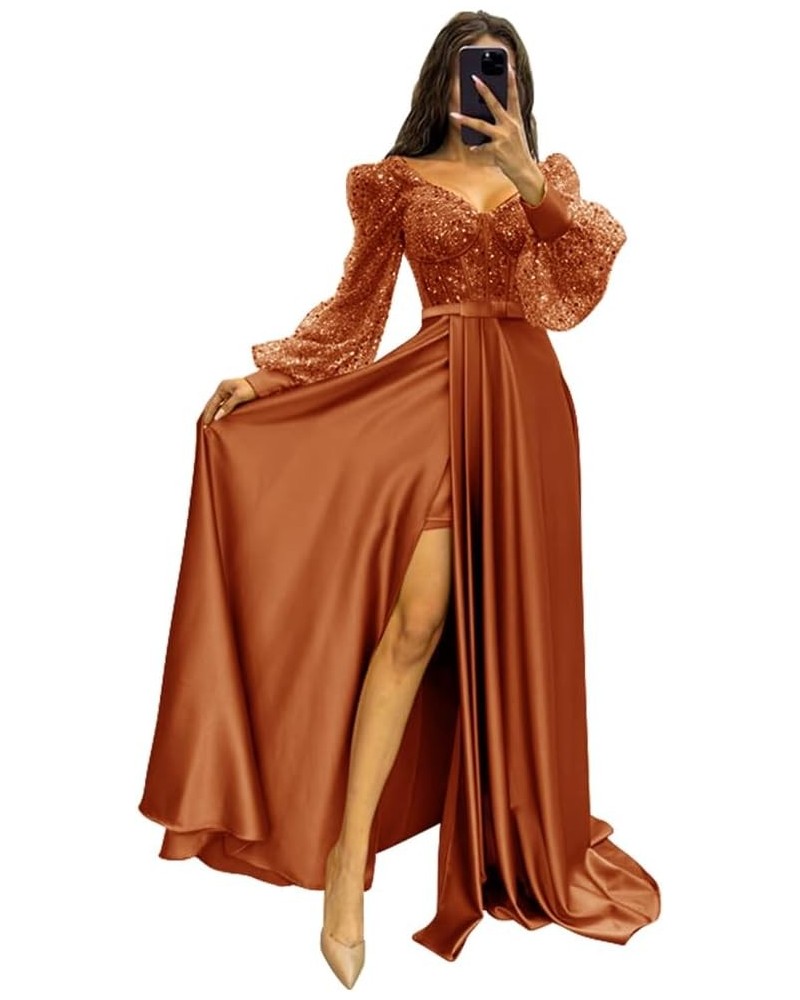 Long Sleeve Sequin Prom Dresses with Slit Satin Formal Evening Party Gowns for Women Rust $33.58 Dresses