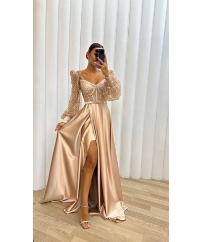 Long Sleeve Sequin Prom Dresses with Slit Satin Formal Evening Party Gowns for Women Rust $33.58 Dresses