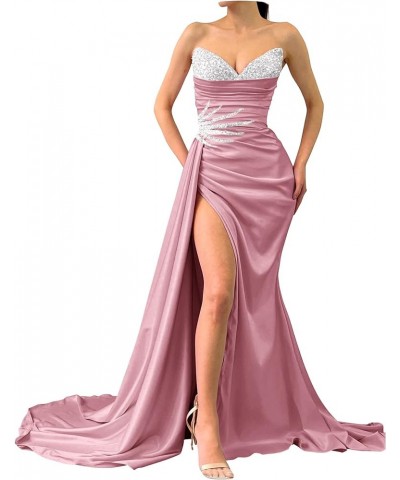 Sequin Strapless Prom Dresses Mermaid Slit Formal Evening Gowns V Neck Party Dresses for Women Dusty Rose $43.00 Dresses