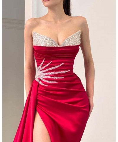 Sequin Strapless Prom Dresses Mermaid Slit Formal Evening Gowns V Neck Party Dresses for Women Dusty Rose $43.00 Dresses