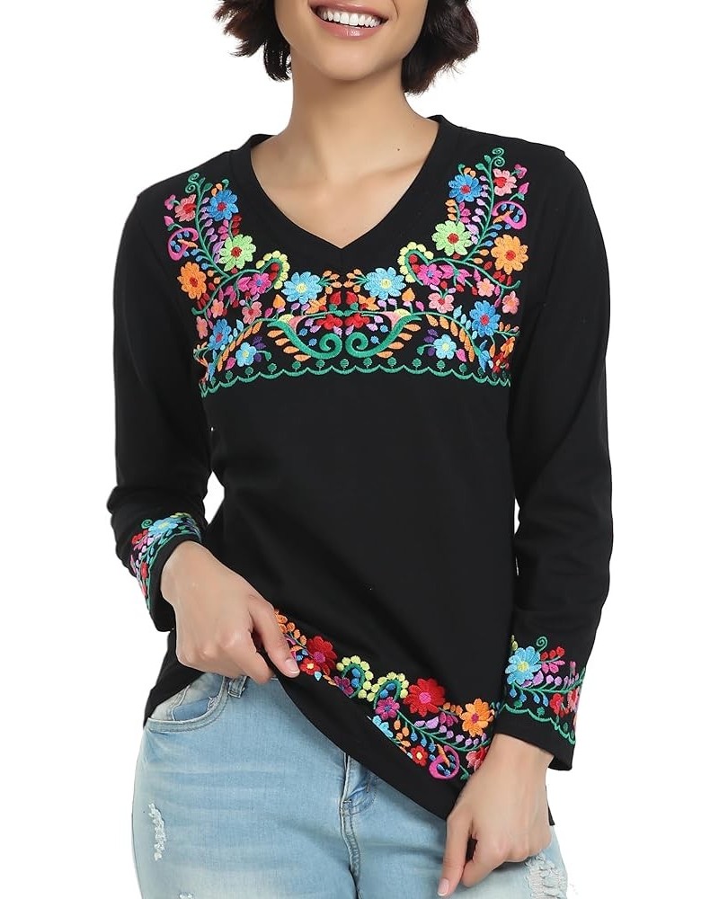 Mexican Long Sleeve Shirts for Women Peasant Embroidered Blouse Floral Traditional T-Shirt Boho Tee V719bk $14.85 Blouses