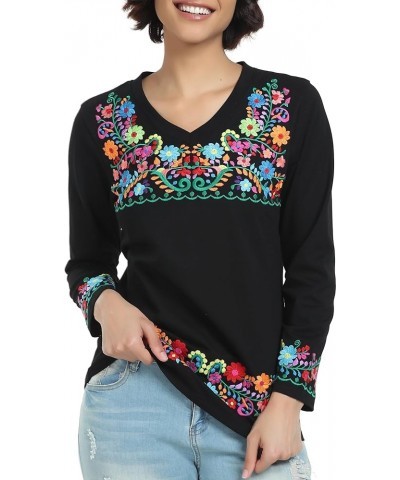 Mexican Long Sleeve Shirts for Women Peasant Embroidered Blouse Floral Traditional T-Shirt Boho Tee V719bk $14.85 Blouses