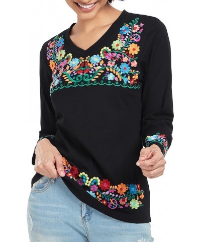 Mexican Long Sleeve Shirts for Women Peasant Embroidered Blouse Floral Traditional T-Shirt Boho Tee V719bk $14.85 Blouses