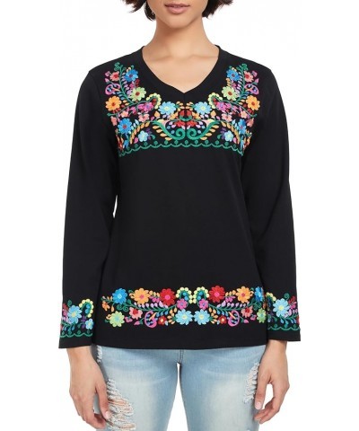 Mexican Long Sleeve Shirts for Women Peasant Embroidered Blouse Floral Traditional T-Shirt Boho Tee V719bk $14.85 Blouses