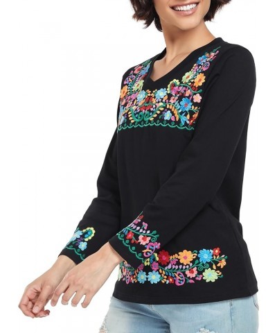 Mexican Long Sleeve Shirts for Women Peasant Embroidered Blouse Floral Traditional T-Shirt Boho Tee V719bk $14.85 Blouses