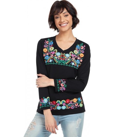 Mexican Long Sleeve Shirts for Women Peasant Embroidered Blouse Floral Traditional T-Shirt Boho Tee V719bk $14.85 Blouses