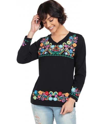 Mexican Long Sleeve Shirts for Women Peasant Embroidered Blouse Floral Traditional T-Shirt Boho Tee V719bk $14.85 Blouses