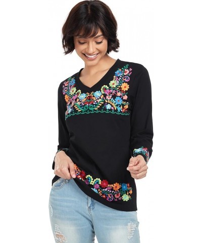 Mexican Long Sleeve Shirts for Women Peasant Embroidered Blouse Floral Traditional T-Shirt Boho Tee V719bk $14.85 Blouses