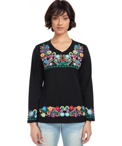 Mexican Long Sleeve Shirts for Women Peasant Embroidered Blouse Floral Traditional T-Shirt Boho Tee V719bk $14.85 Blouses