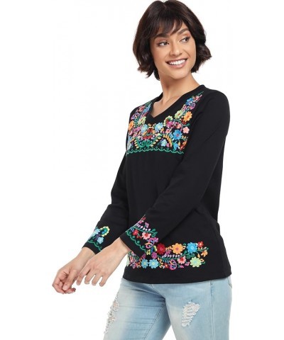 Mexican Long Sleeve Shirts for Women Peasant Embroidered Blouse Floral Traditional T-Shirt Boho Tee V719bk $14.85 Blouses