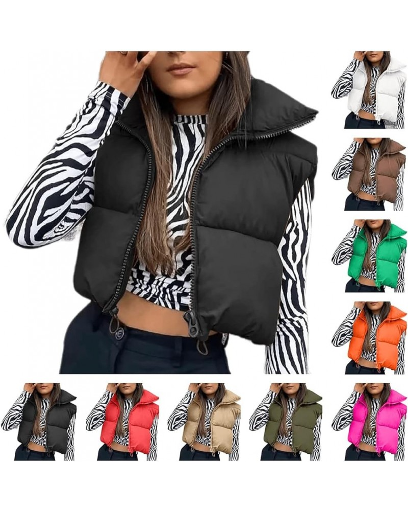 Puffy Vests for Women Trendy Lightweight Winter Crop Jackets Coat Warm Comfy Zip Up Stand Collar Outerwear with Pockets A-bla...