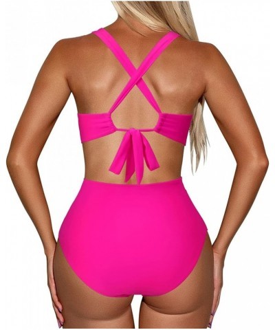 Womens Summer Casual Tankini Set Vintage Sleeveless V Neck 1_hot Pink $11.39 Swimsuits