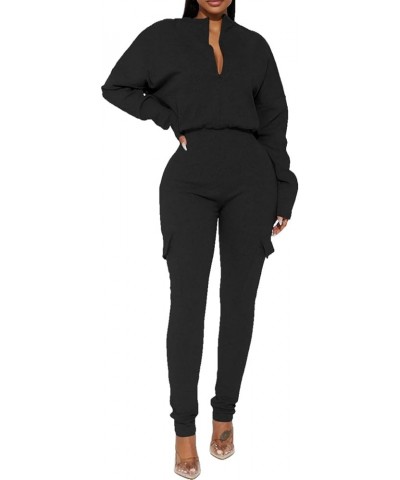 Women's Casual Long Sleeve High Neck Zipper One Piece Jumpsuit Romper Overalls with Pockets Black $20.64 Jumpsuits