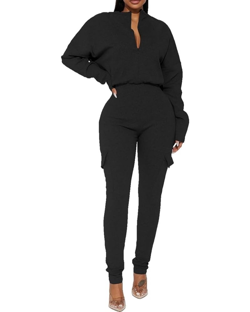 Women's Casual Long Sleeve High Neck Zipper One Piece Jumpsuit Romper Overalls with Pockets Black $20.64 Jumpsuits