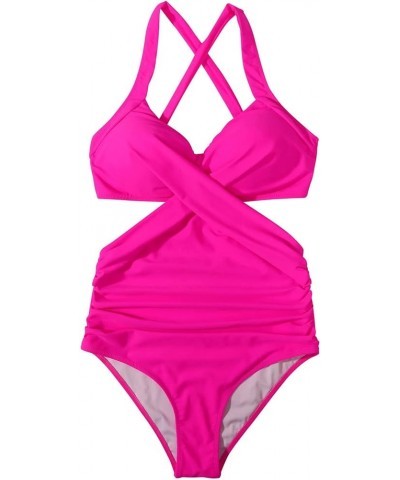 Womens Summer Casual Tankini Set Vintage Sleeveless V Neck 1_hot Pink $11.39 Swimsuits