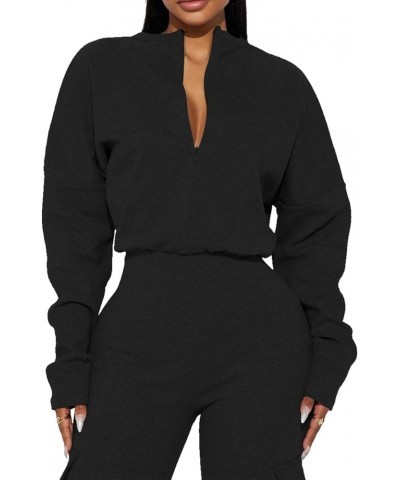 Women's Casual Long Sleeve High Neck Zipper One Piece Jumpsuit Romper Overalls with Pockets Black $20.64 Jumpsuits