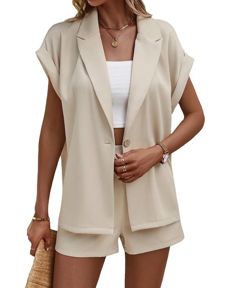 Women's 2 Piece Outfit Rolled Up Short Sleeve Blazer and Short Sets Beige $18.45 Suits