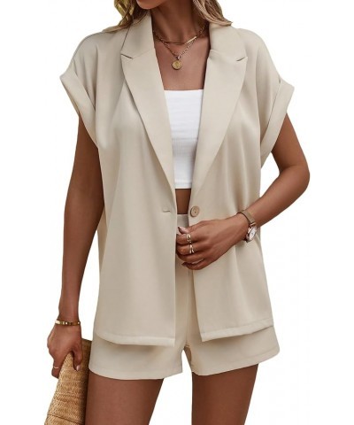 Women's 2 Piece Outfit Rolled Up Short Sleeve Blazer and Short Sets Beige $18.45 Suits