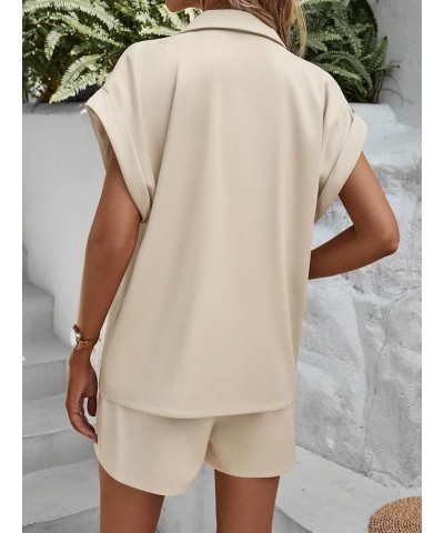 Women's 2 Piece Outfit Rolled Up Short Sleeve Blazer and Short Sets Beige $18.45 Suits