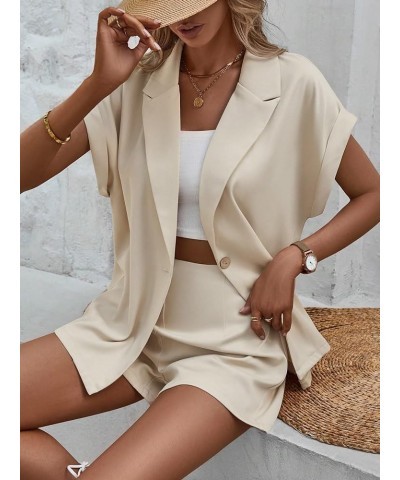 Women's 2 Piece Outfit Rolled Up Short Sleeve Blazer and Short Sets Beige $18.45 Suits