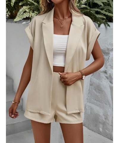 Women's 2 Piece Outfit Rolled Up Short Sleeve Blazer and Short Sets Beige $18.45 Suits