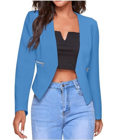 Women's Jacket Long-Sleeve Lapel Button Cardigan Jacket Blouses Cardigan Pockets Office Cropped Blazer Blue $8.98 Blazers