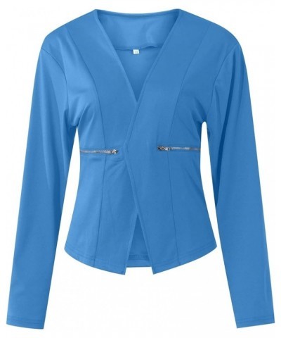 Women's Jacket Long-Sleeve Lapel Button Cardigan Jacket Blouses Cardigan Pockets Office Cropped Blazer Blue $8.98 Blazers