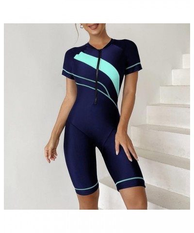 Women's Short Sleeves Zipper 1-Piece Swimsuit Color Block Rash Guard Surf Suit Knee Length Swim Trunks B $10.00 Swimsuits