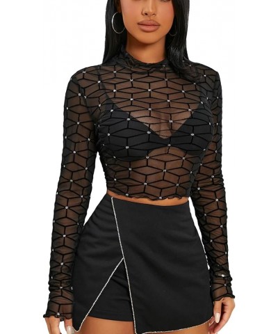 Women's Sexy Sheer Mesh Bodycon Shirts Solid Long Sleeve Slim Fitted Top Black Dot Geo $13.91 Blouses