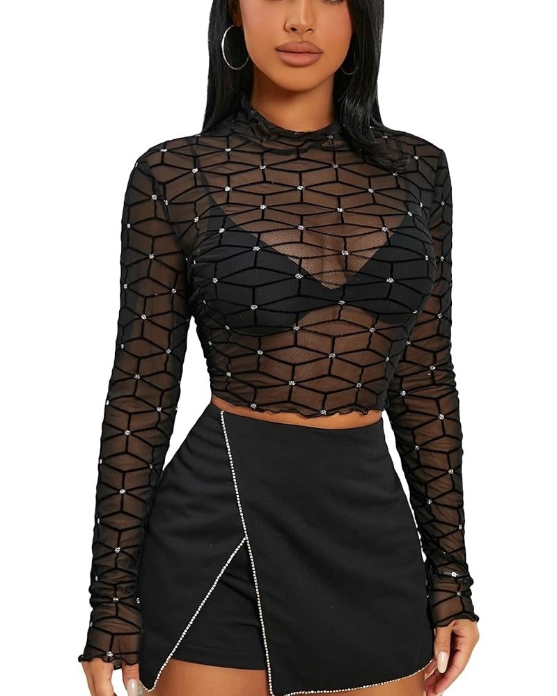 Women's Sexy Sheer Mesh Bodycon Shirts Solid Long Sleeve Slim Fitted Top Black Dot Geo $13.91 Blouses