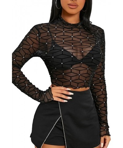 Women's Sexy Sheer Mesh Bodycon Shirts Solid Long Sleeve Slim Fitted Top Black Dot Geo $13.91 Blouses