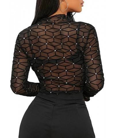 Women's Sexy Sheer Mesh Bodycon Shirts Solid Long Sleeve Slim Fitted Top Black Dot Geo $13.91 Blouses